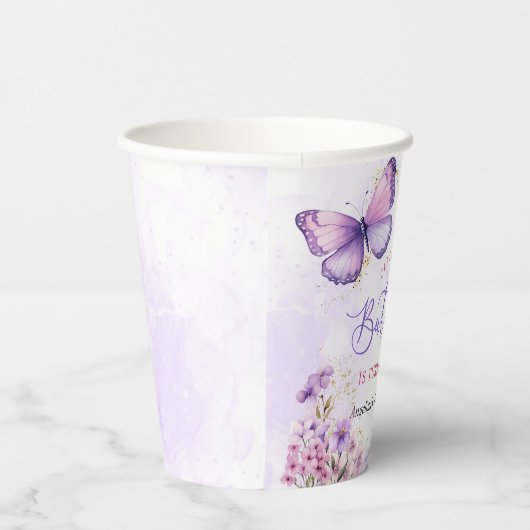Paarse en gouden bloemen vlinder 1e verjaardag papieren bekers (Rechts)