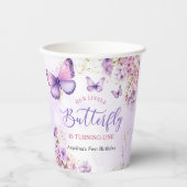 Paarse en gouden bloemen vlinder 1e verjaardag papieren bekers (Voorkant)