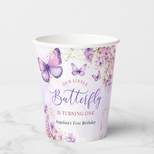 Paarse en gouden bloemen vlinder 1e verjaardag papieren bekers (Voorkant)