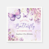 Paarse en gouden bloemen vlinder 1e verjaardag servet (Voorkant)