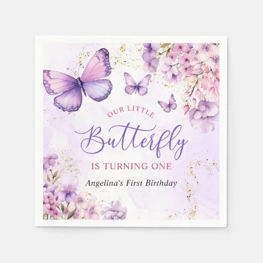 Paarse en gouden bloemen vlinder 1e verjaardag servet (Voorkant)