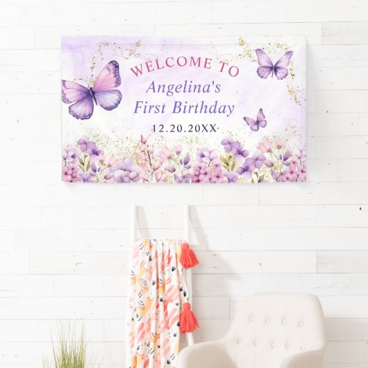 Paarse en gouden bloemen vlinder 1e verjaardag spandoek (Insitu)