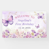 Paarse en gouden bloemen vlinder 1e verjaardag spandoek (Horizontaal)