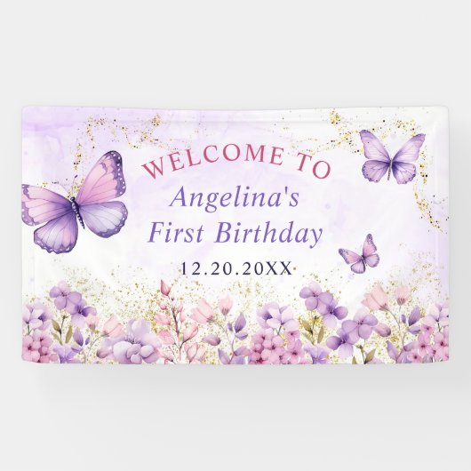 Paarse en gouden bloemen vlinder 1e verjaardag spandoek (Horizontaal)