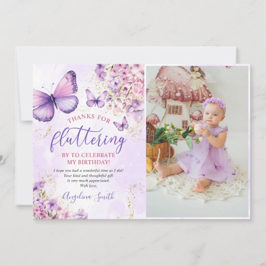 Paarse en gouden bloemen vlinder verjaardag foto bedankkaart (Voorkant)