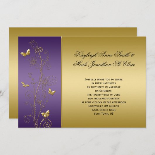 Paarse en gouden bloemen vlinders bruiloft kaart (Voorkant / Achterkant)