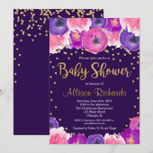 Paarse en gouden bloemenuitnodiging voor baby show kaart (Voorkant / Achterkant)