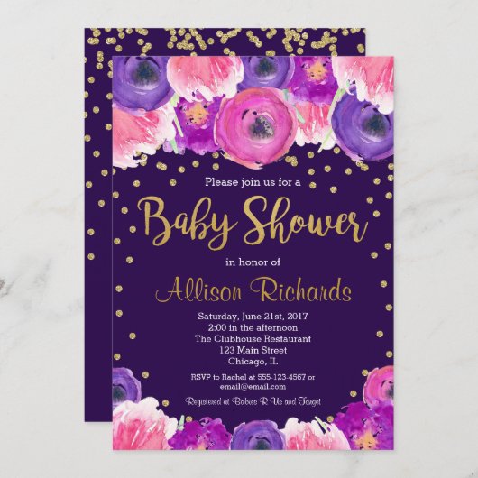 Paarse en gouden bloemenuitnodiging voor baby show kaart (Voorkant / Achterkant)