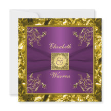 Paarse en gouden bloemmonogram bruiloft uitnodigin