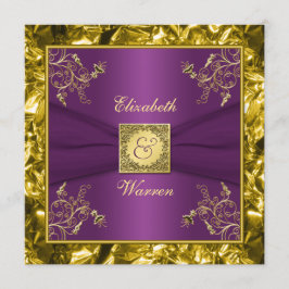 Paarse en gouden bloemmonogram bruiloft uitnodigin kaart