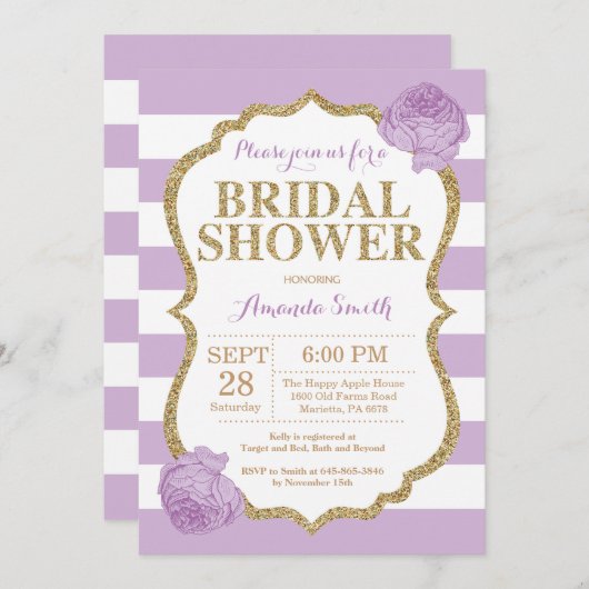 Paarse en gouden bridal Shower Invitation Glitter Kaart (Voorkant / Achterkant)
