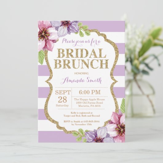 Paarse en gouden bruids brunch uitnodiging Floral (Staand voorkant)