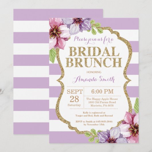 Paarse en gouden bruids brunch uitnodiging Floral (Voorkant / Achterkant)