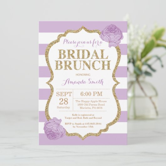 Paarse en gouden bruids brunch uitnodiging glitter (Staand voorkant)
