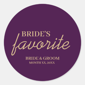 Paarse en gouden bruid's favoriete snack bruiloft ronde sticker