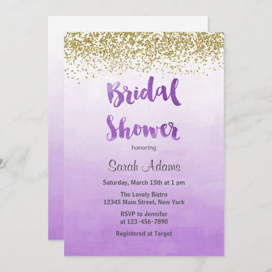 Paarse en gouden bruidsdoucheuitnodiging kaart (Voorkant / Achterkant)