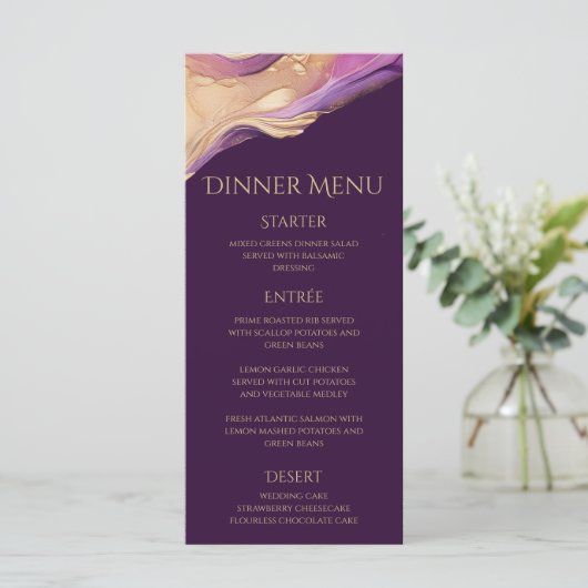 Paarse en gouden bruiloft diner & bar menu (Staand voorkant)