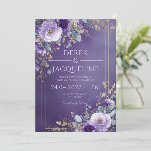 Paarse en gouden bruiloft kaart (Staand voorkant)