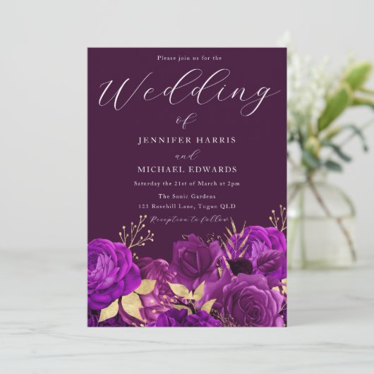 Paarse en gouden bruiloft kaart (Staand voorkant)