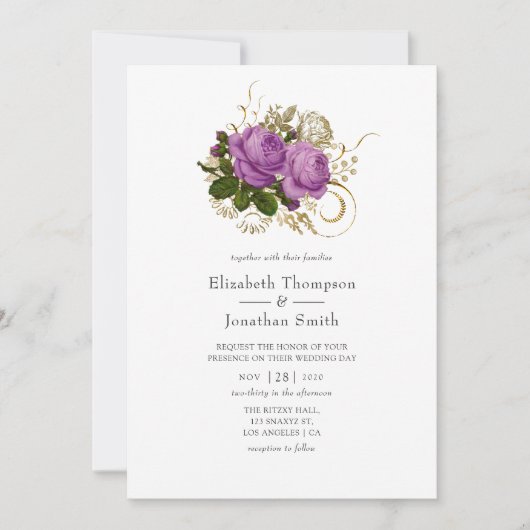 Paarse en gouden bruiloft kaart (Voorkant)