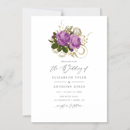 Paarse en gouden  bruiloft magnetische uitnodiging (Voorkant)