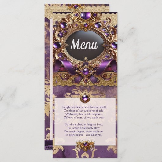 Paarse en gouden bruiloft menu (Voorkant / Achterkant)