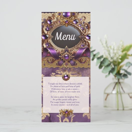 Paarse en gouden bruiloft menu (Staand voorkant)