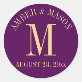Paarse en gouden bruiloft monogram ronde sticker