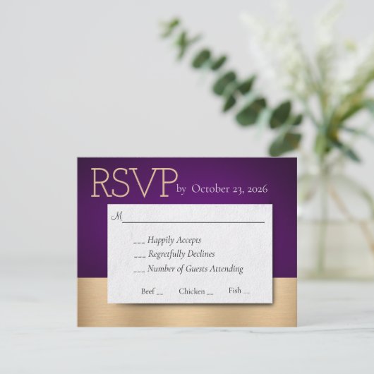 Paarse en gouden bruiloft RSVP Response Kaart (Staand voorkant)