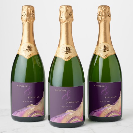 Paarse en gouden bruiloft sparkling wijnetiket (Flessen)