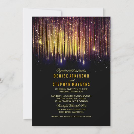 Paarse en gouden bruiloft String Lichten Uitnodige Kaart (Voorkant)