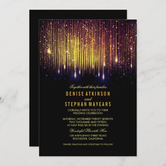 Paarse en gouden bruiloft String Lichten Uitnodige Kaart (Voorkant / Achterkant)