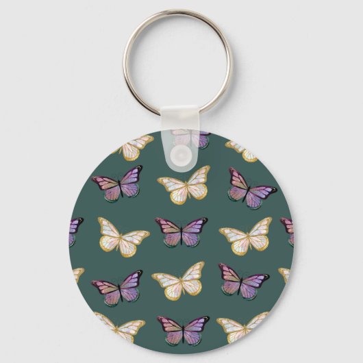 Paarse en gouden Butterflies Dark Green Sleutelhanger (Voorkant)