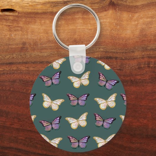Paarse en gouden Butterflies Dark Green Sleutelhanger (Voorkant)