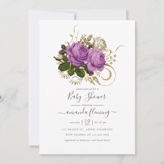 Paarse en gouden  Chic Bloemen Baby shower Kaart (Voorkant)