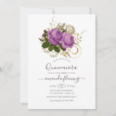 Paarse en Gouden  Chic Bloemen Quinceañera Kaart (Voorkant)