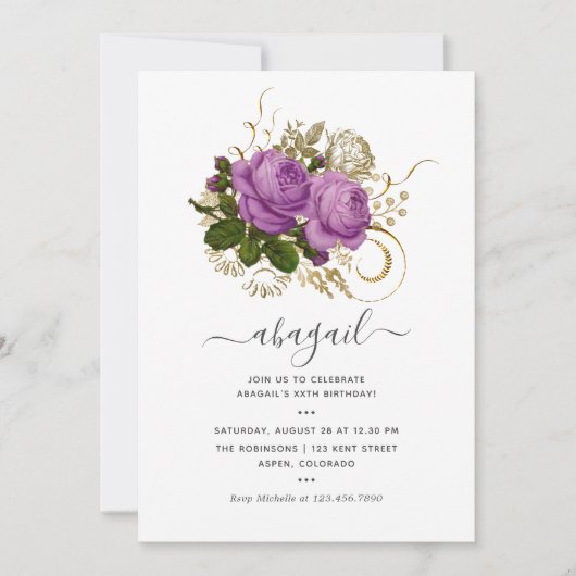 Paarse en Gouden Chic Bloemen Verjaardagsfeest Kaart (Voorkant)