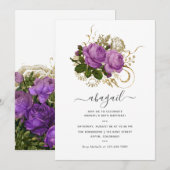 Paarse en Gouden  Chic Bloemen Verjaardagsfeest Kaart (Voorkant / Achterkant)