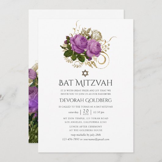 Paarse en Gouden  Chique Bat Mitzvah Kaart (Voorkant / Achterkant)