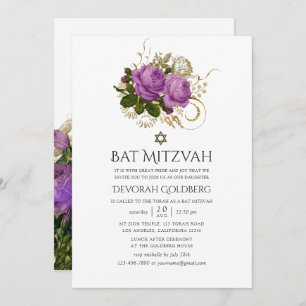 Paarse en Gouden  Chique Bat Mitzvah Kaart