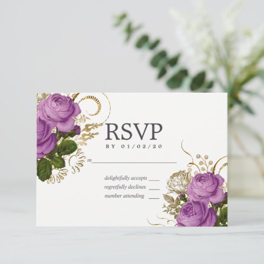 Paarse en gouden  chique bloemenbruiloft RSVP (Staand voorkant)