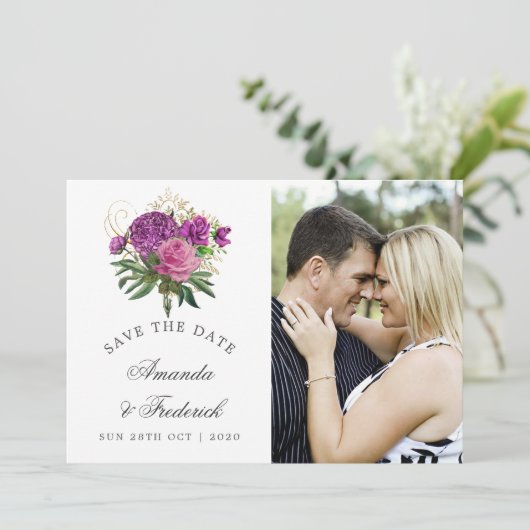 Paarse en gouden  chique bruiloft Save the Date (Staand voorkant)