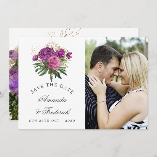 Paarse en gouden chique bruiloft Save the Date (Voorkant / Achterkant)