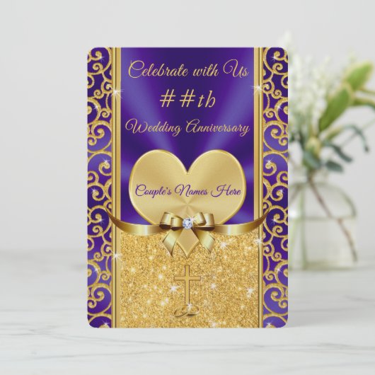 Paarse en gouden Christelijk Jubileum uitnodiginge Kaart (Staand voorkant)