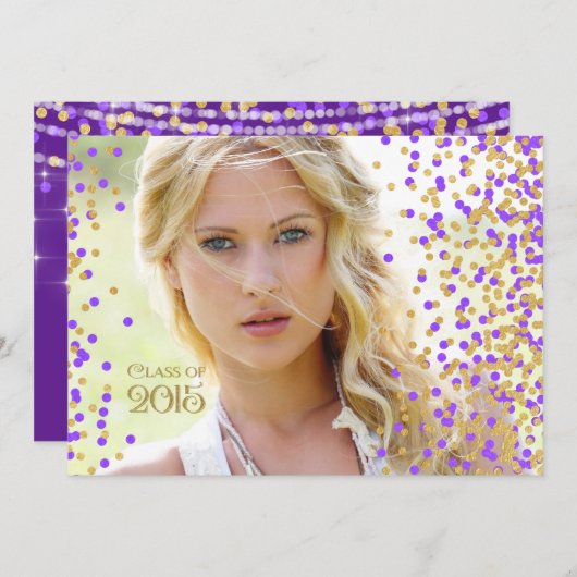 Paarse en gouden Confetti Afstuderen aankondiging (Voorkant / Achterkant)