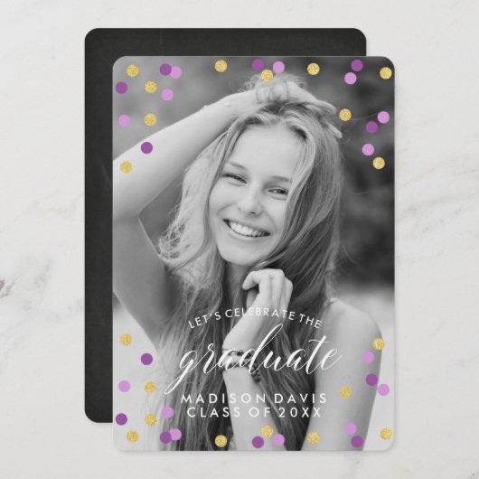 Paarse en gouden Confetti foto Afstuderen Kaart (Voorkant / Achterkant)