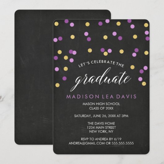 Paarse en gouden Confetti krijtbord Afstuderen Kaart (Voorkant / Achterkant)