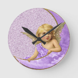 Paarse en gouden  Crescent Moon Angel Clock Ronde Klok