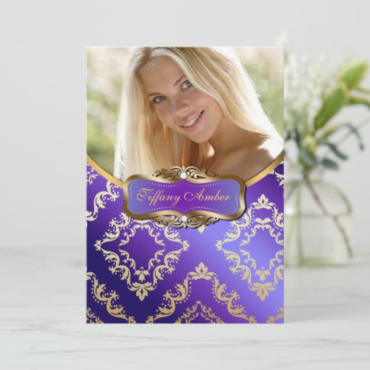 Paarse en gouden Damasfoto's Uitnodigen Kaart (Staand voorkant)