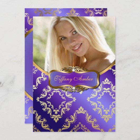 Paarse en gouden Damasfoto's Uitnodigen Kaart (Voorkant / Achterkant)